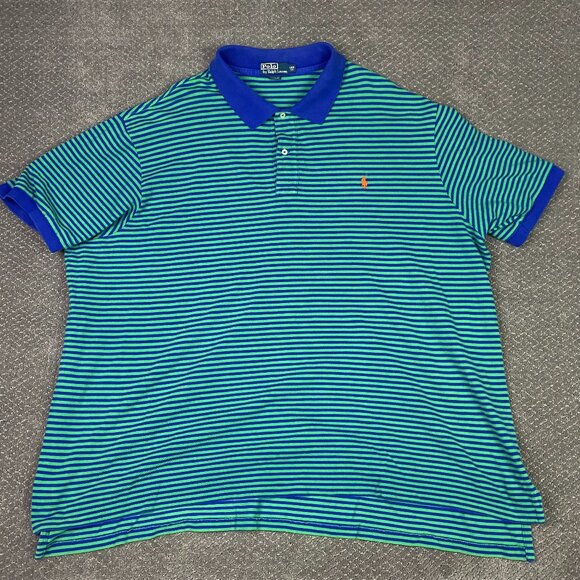 Vintage Polo Ralph Lauren Polo Shirt Men's 5XB Big Blue Green Striped Mesh - Picture 1 of 9
